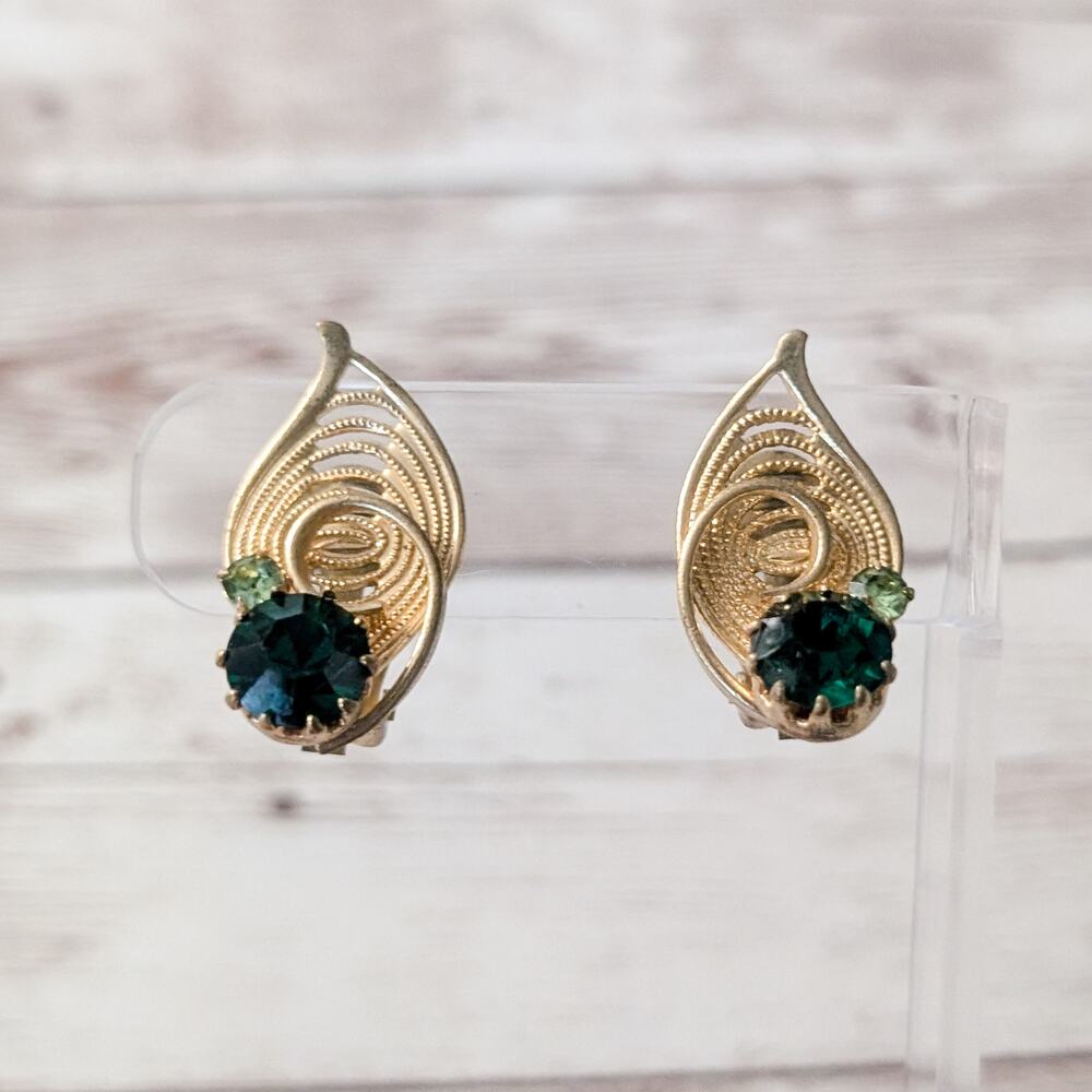 Vintage Clip On Earrings Statement Gold Tone Leaf with Green Gems